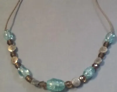 Lia Sophia Cracklewoods Light Blue Brown Glass Silver Tone Bead Cord Necklace  • $9.95