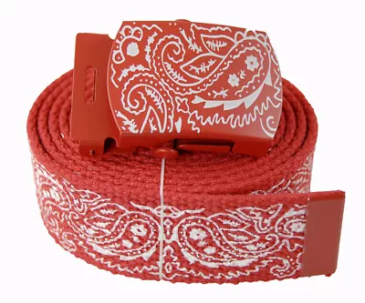 Canvas Military Red  Bandana Pattern  Web Belt & Buckle 48 54 60 72 Inches • $14.99