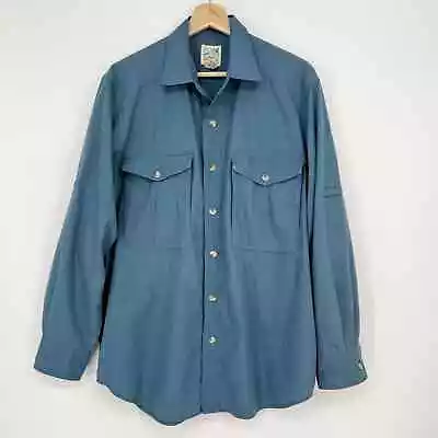 Vtg Travelsmith Mens Button Shirt Blue Medium Long Roll Tab Sleeve Zip Pocket • $15