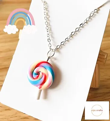 Quirky Fun Rainbow Lollipop Necklace - 18 Inch Silver Chain Handmade Jewellery • £3.95