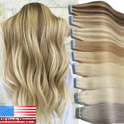 Seamless Tape In Human Hair Extensions Skin Weft Russian Hair Full Head 80pieces • $31