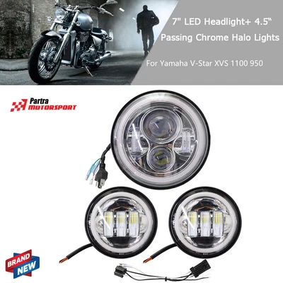 $54.16 • Buy For Yamaha V-Star XVS 1100 950 7  LED Headlight+ 4.5“ Passing Chrome Halo Lights