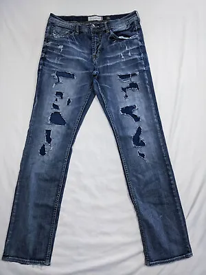 DepartWest Seeker Buckle W X Mens Size 32x34 Flex Blue Jeans Straight Destroyed • $22.94