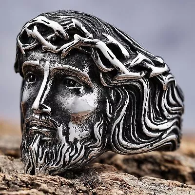 Mens Vintage Jesus Ring Stainless Steel Olive Branch Crown Jesus Ring Biker Punk • $12.80