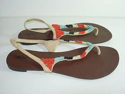 Womens Tan Orange Blue Black White Beads Flip Flops Thongs Sandals Shoes Size 10 • $10.99