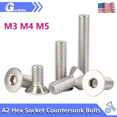 M3 M4 M5 Flat Countersunk Bolts Hex Allen Socket Screws Bolt A2 Stainless Steel • $7.20