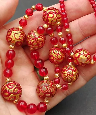 Antique Venetian Fancy Red Surface Trail Gold Foil Lampwork Glass Necklace C1950 • £28.16