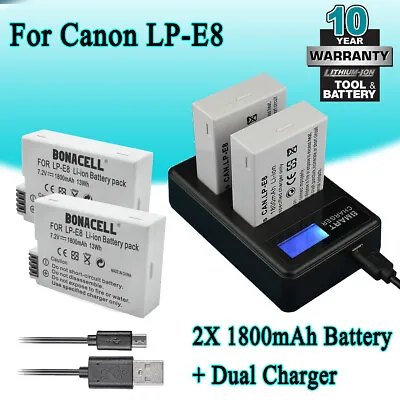 2× LP-E8 Battery & Dual Charger For Canon EOS 700D 600D 550D 650D Rebel T2i T3i • £18.49