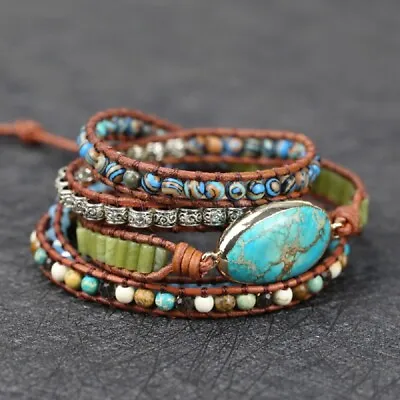 Handmade Natural Turquoise Stone Charm 5 Strands Wrap Bracelet Cuff Bracelets • $19.99