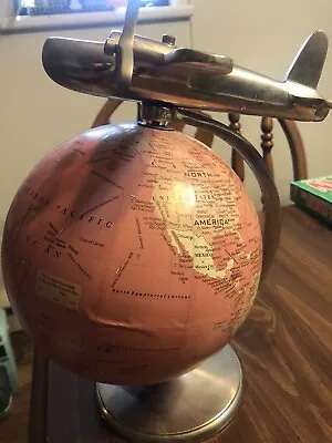 Art Deco Globe With Airplane Metal On Top. Earth With Airplane Art Deco • $45