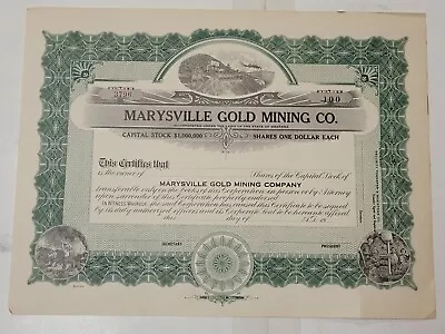 19?? Montana Stock Cert. Marysville Gold Mining Co.  Th • $20