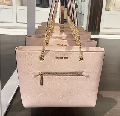 Michael Kors Jet Set Medium Front Zip Chain Tote Bag Pink Powder Blush Leather • $102