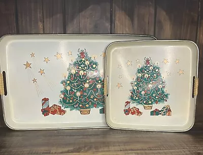 1970’s Metal Christmas Tree  Serving Trays Vintage Nesting 2pc With Handles • $18