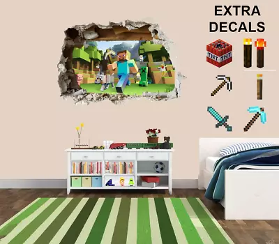 3D Smashed Wall Mural Minecraft Wall Sticker Room Gaming Wall Art • £17.99