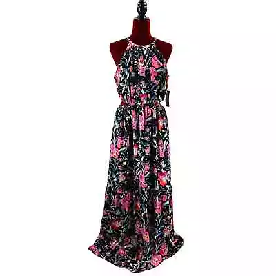 AIDAN MATTOX Sz 8 Black Floral Halter Cutout A-line Satin Maxi Dress NWT 0B14 • $106.25