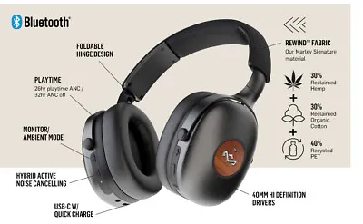 House Of Marley Positive Vibration XL ANC  Headphones  Wireless  Bluetooth Blk • £149.99