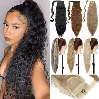 100% Real Wrap Around Ponytail CORN WAVE Hair Extensions One Piece Natural Black • $10.29