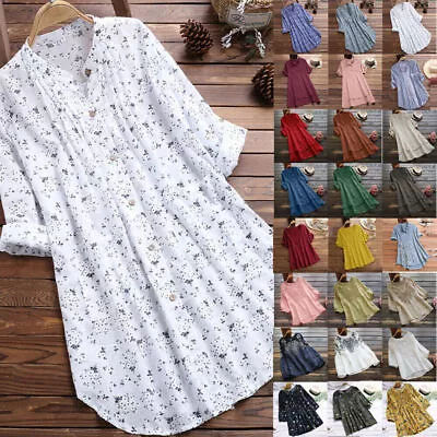 Women Cotton Linen T-Shirt Dress Ladies Casual Baggy Tunic Tops Blouse Plus Size • £10.69