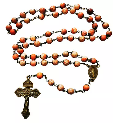 Red Stone Rosary Beads Orange Gemstone Bronze Metal Large Long 8mm Beads • £9.99