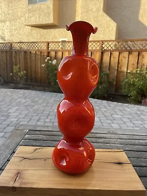 VTG Art Glass Vase Orange MCM Avant-Gard  Ruffle Top Hand Blown 14.5” OOAK • $89.99