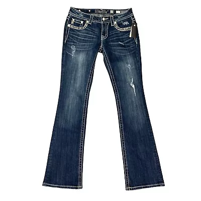 Miss Me Jeans Womens 28 Blue Denim Signature Bootcut Sequin Embellished Low Rise • $59.94