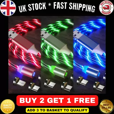 LED 3 In 1 Magnetic Charging USB Charger Phone Cable 3 Adaptors Included • £1.99