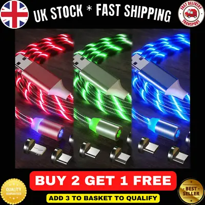 £1.99 • Buy LED 3 In 1 Magnetic Fast Charging USB Charger Phone Cable 3 Adaptors Included