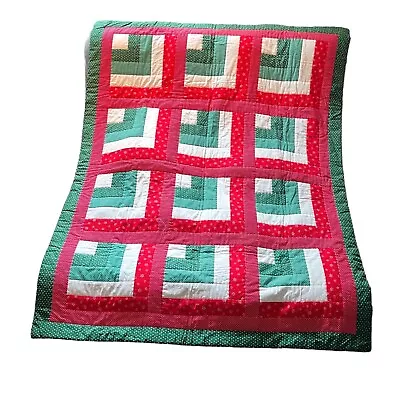 Vintage Handmade Log Cabin Christmas Quilt  60” X 45” Red & Green Holiday • $58