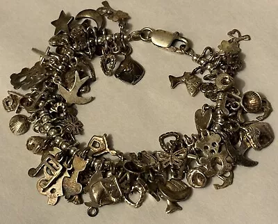 Vintage 925 Sterling Silver Chunky Loaded Charm Bracelet Artist Signed 7” / 56 G • $124.99