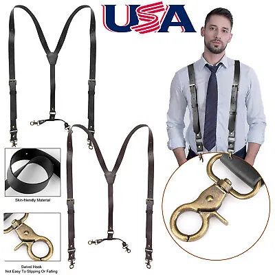 Men's Suspenders Y Back Leather Elastic Y-Shaped Hooks Pants Braces • $15.99