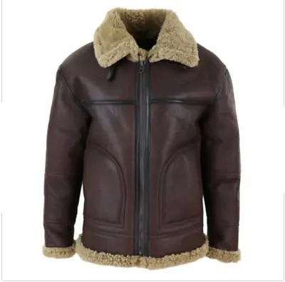 Men's Aviator Brown B3 Real Shearling Sheepskin Leather Bomber Flying Fur Jacket • $218.90