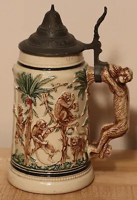 Drinking Monkeys Cats & Bears With Saying 0.4L German Beer Stein Antique • $125
