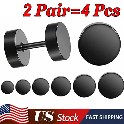 Black Stud Earrings Men Women Faux Gauges Ear Tunnel Stainless Steel Earrings • $6.99