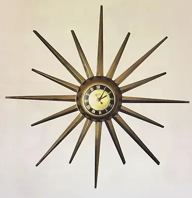 Vintage Mid Century Modern Sunburst Wall Clock 25  United Atomic Brass Electric • $223.99