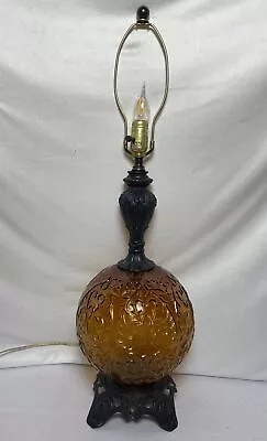 Vintage 1970 Amber Glass Globe & Metal Table Lamp 2 Light EF EF Industries • $114