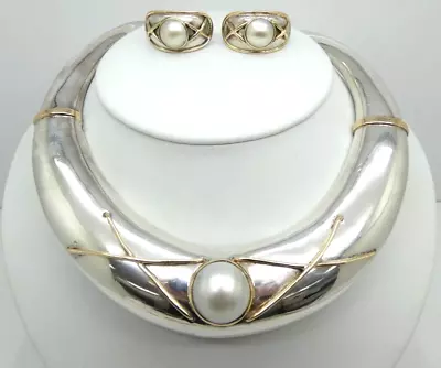 Outstandingly 80's Sterling Silver & 14k Necklace & Earrings Set W/ Mabe Pearl • $475