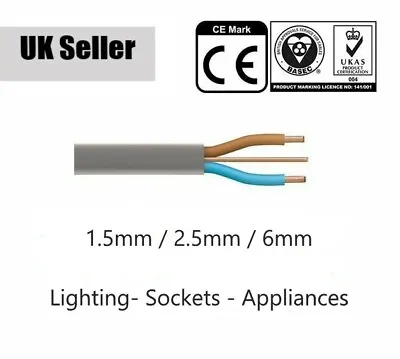 1.5mm 2.5mm 6mm TWIN AND EARTH CABLE LIGHTING/SOCKET/COOKER WIRE WIRING T&E GREY • £9.49