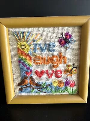 VTG Needlepoint 70’s Vibe Live Love Laugh Sun Birds Butterfly Framed 6 X 6 • $8.25