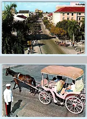 2 Postcards NASSAU BAHAMAS ~ Horse Drawn Surrey BAY STREET Scene 1960s-70s • $6.78