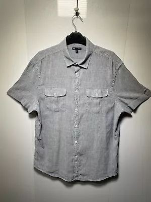 Gap Men’s Shirt Linen Blend Large Short Sleeve Grey Pinstripe Double Pocket • £9.95