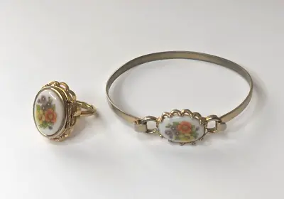 Vintage Avon French Flowers Locket Set Bracelet Locket Ring Adjustable Gold Tone • $42.99