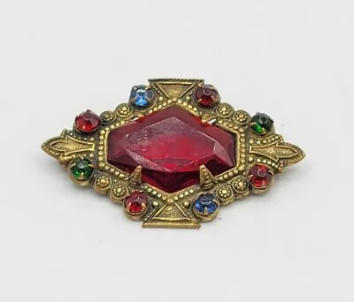 Ornate Antique Victorian Brooch Red And Multi-color Faceted Czech Glass Jewelry • $89.99