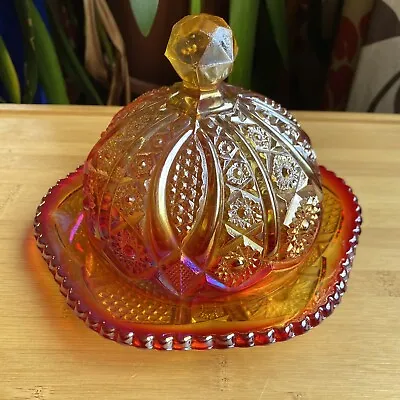 Indiana Glass Heirloom Sunset Red Carnival Cadmium Glow Butter Dish Reactive • $100