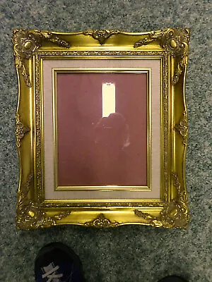 $49.99 • Buy 3420M ROCOCO Style 8x10 Wood Frame Ornate Gold W/Cloth Insert Wall Or Easel VGC!