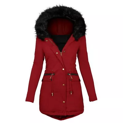 Womens Quilted Parka Hooded Ladies Thick Winter Thin Coat Long Jacket Outwear UK • £22.58