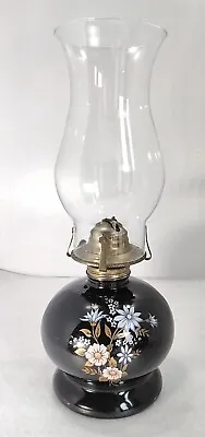 Lamplight Farms Glass Table Oil Lamp Light & Chimney Black Glass Flowers • £12