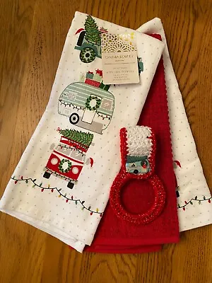  Christmas Camper JeepVan   Towels With Crochet Towel Ring Holder (4pcs Set) • £17.34