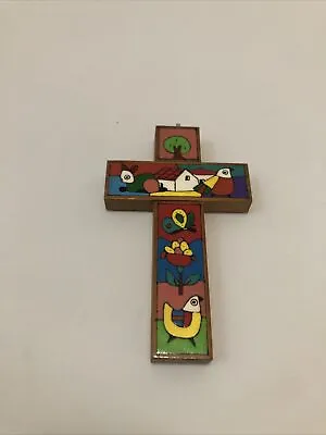 Vintage Mexican Folk Art Colorful Wood Cross Animal Garden 6” • $7