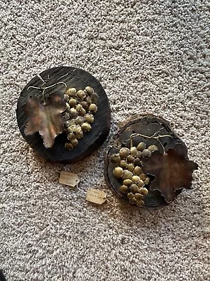 2 Copper Grape Bunch & Leaf Wall Sculpture On Thick Wood  Rounds  Wine Related • $27.95