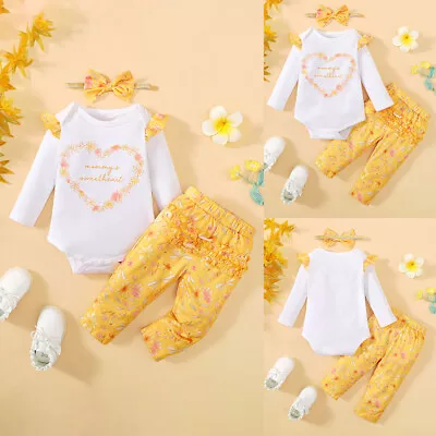 Newborn Kids Baby Girls Ruffle Rompers Tops Pants Headband Set Infant Outfits • £5.49